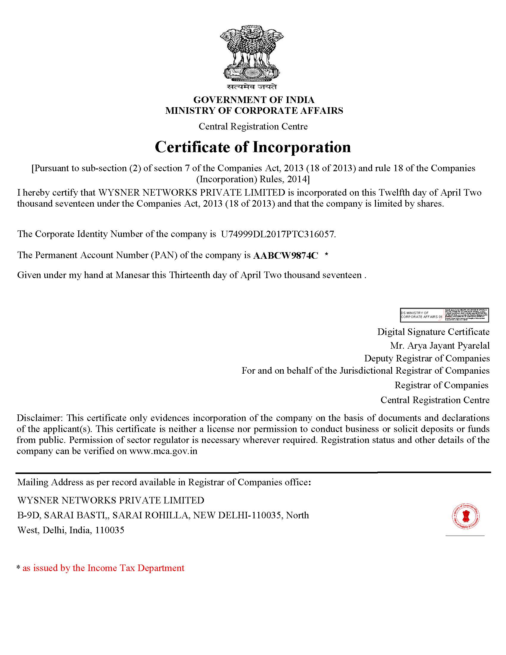 CERTIFICATE OF INCORPORATION